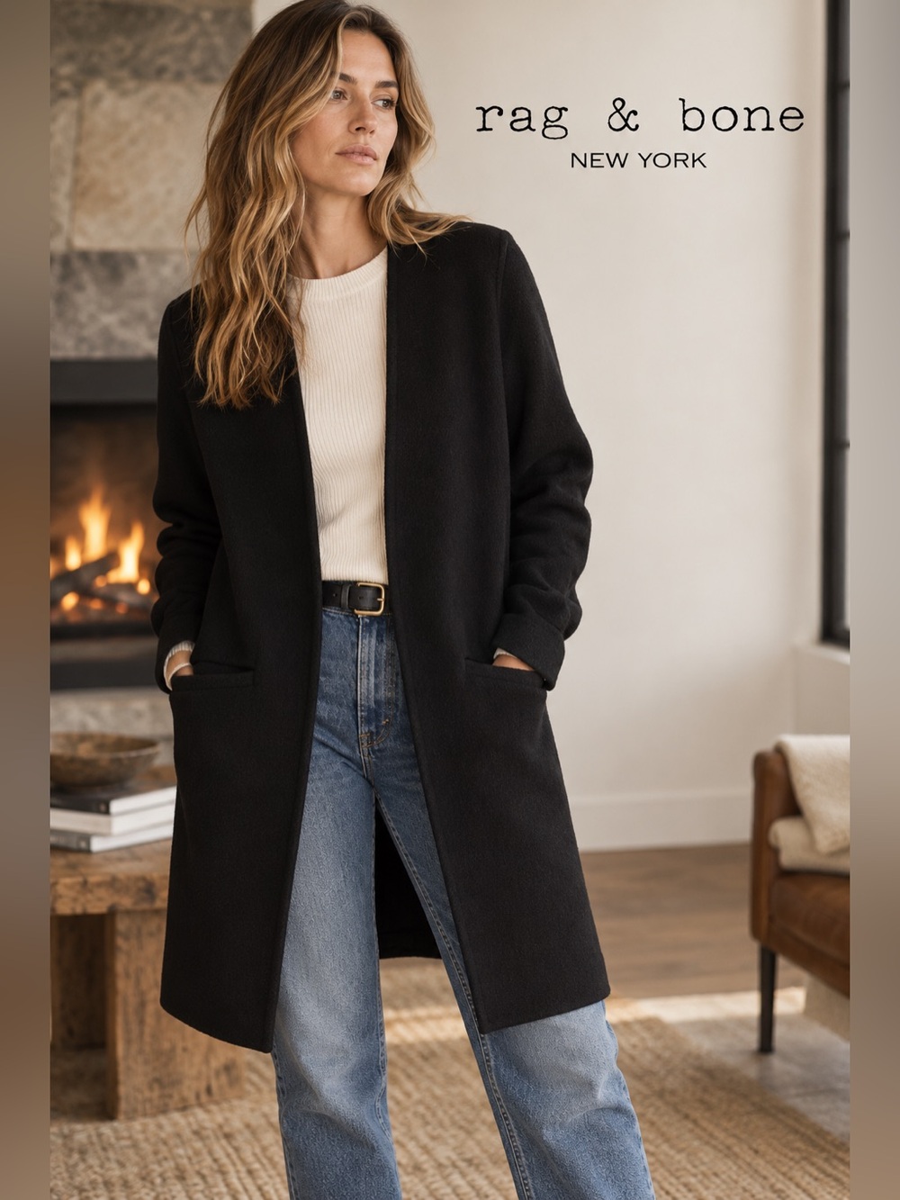 rag & bone Black Open-Front Wool Coat Sweater